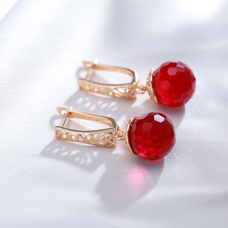 Kinel New 585 Rose Gold Color Long Dangle Earrings For Women Red Natural Zircon Ball Bride Drop Earrings Vintage Wedding Jewelry