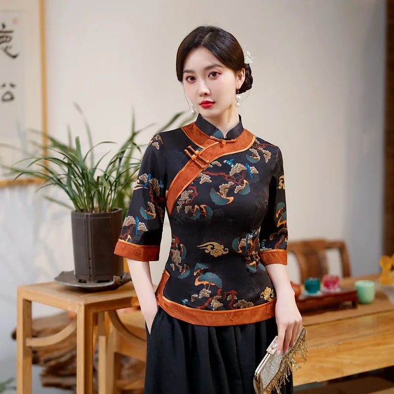 2024 Autumn New Vinatge Chinese Cheongsam Tops Print Shirt Women Fashion Long Sleeve Blouse Elegant Female Ethnic Design Blouse