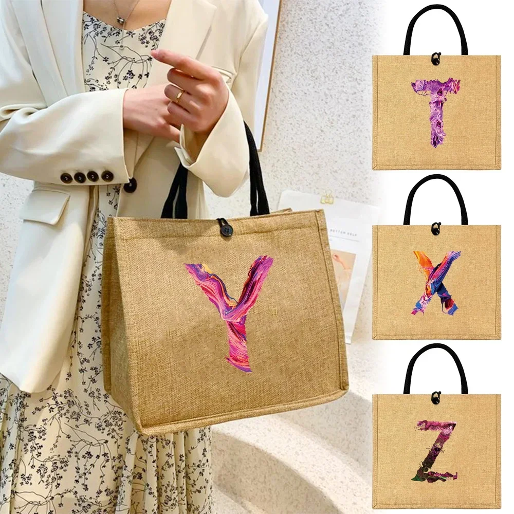 

Linen Bag Button Handbag Organizer Storage Jute Tote Bags Cotton Shopping Women Handgrip Portable Paint Printing Series