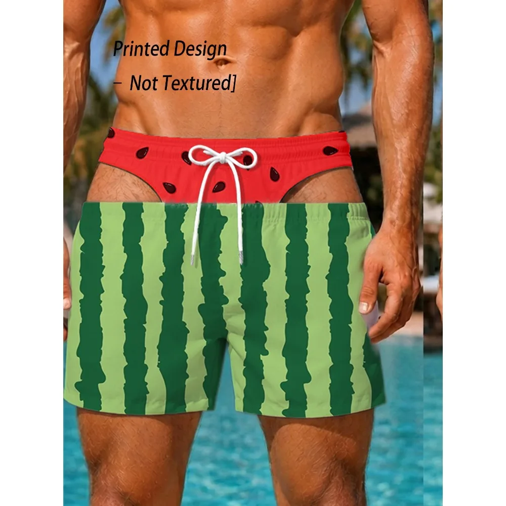 Funny Watermelon Rind Stripes Print Mens Swim Shorts Drawstring Waist Casual Holiday Beach Swimming Trunks