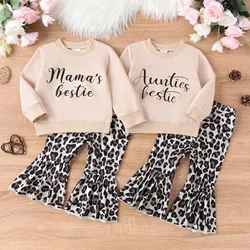 Spring And Autumn 1-4 Years Old Girl Casual Simple Apricot Letter Printed Hoodie With Leopard Leopard Flare Pants Set