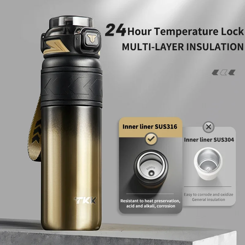 TKK SUS-316 Thermos Bottle Large Capacity Vaccum Cup Cold Insulation Portable Strap with Tea Flitter Thermal Flask Water Bottle