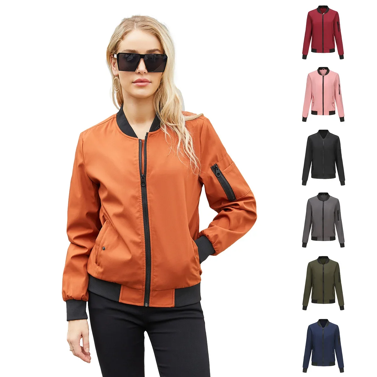 Women Jackets Stand Collar Loose Full Sleeve Zipper Coat Solid Casual Splice Jacket Elegant Ladies Pockets Autumn 2024