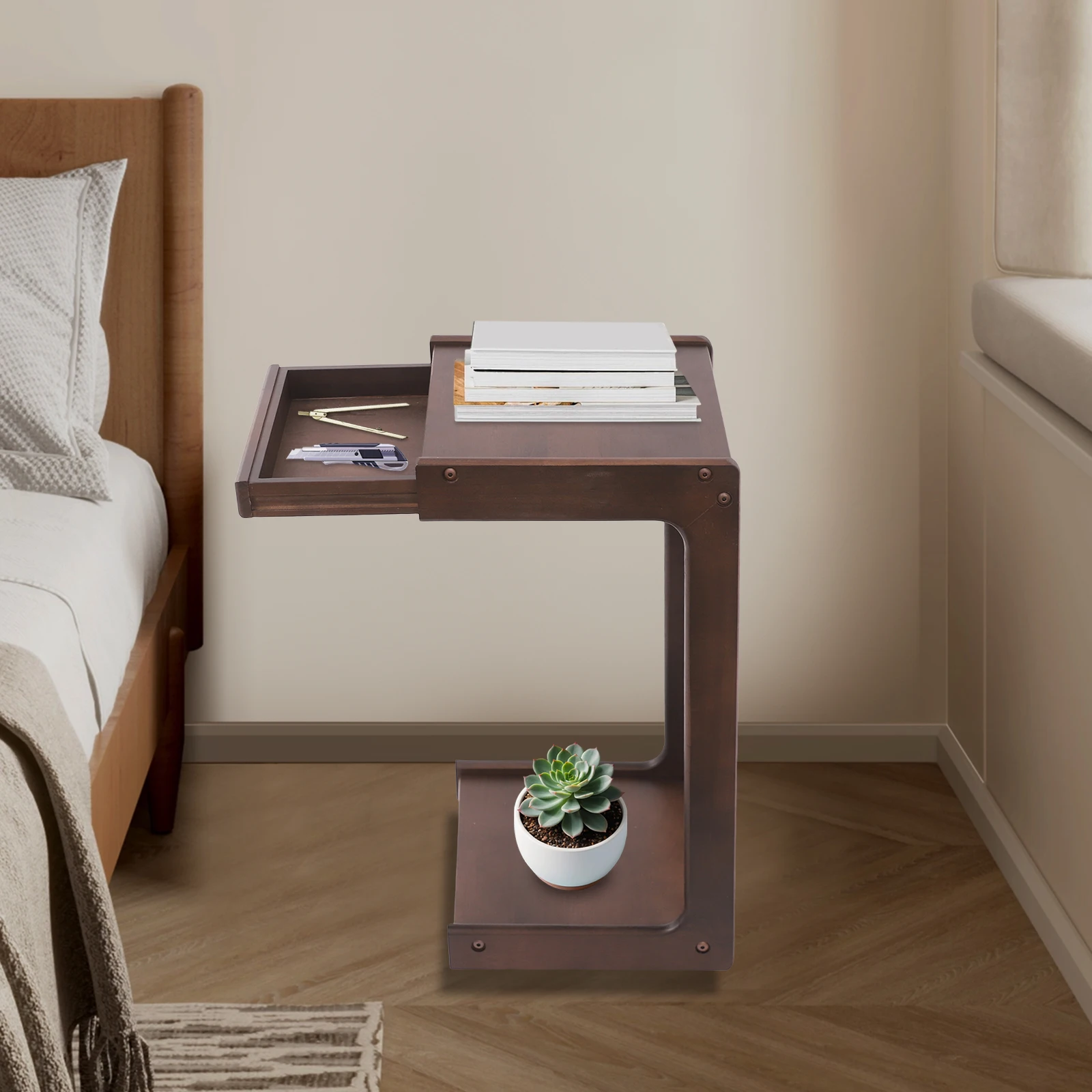 

Brown Solid Wood 36.5x33x66cm Movable C-shaped Side Table with Drawer Tea Table Beside Sofa Convenient Table