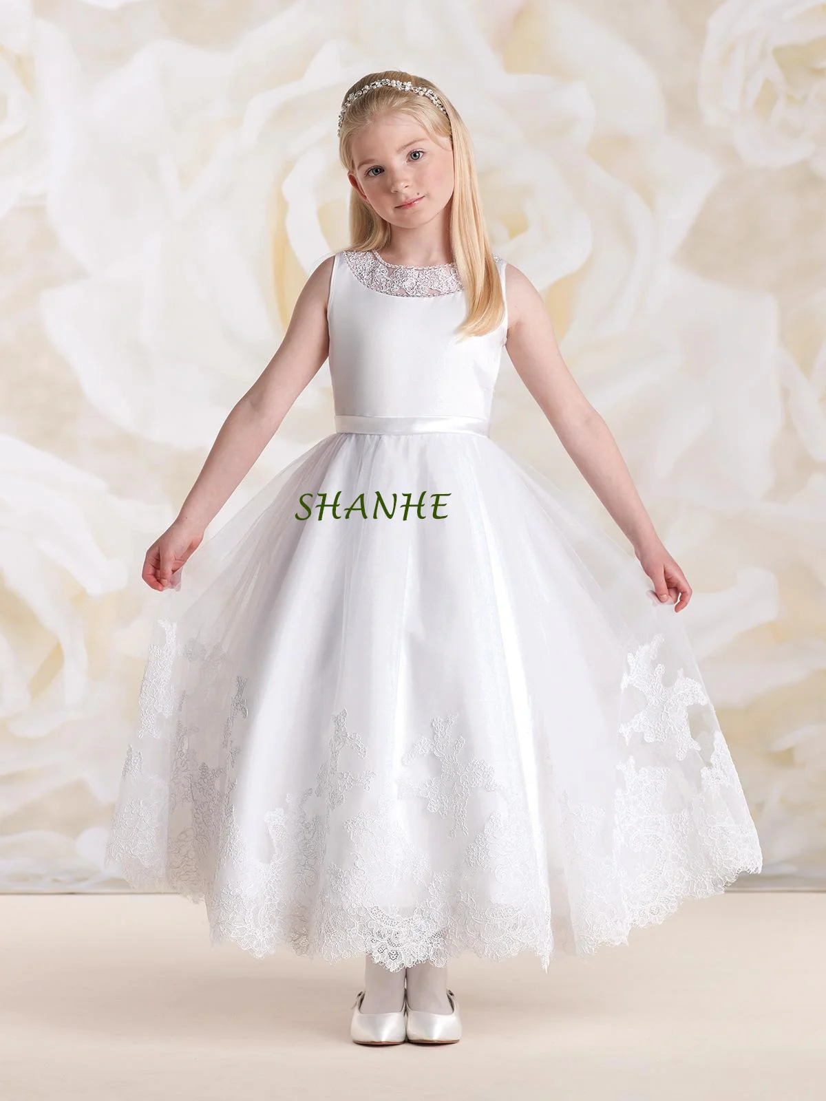 Stunning A Line First Communition Dress Ankle Length White Organza Appliques Flower for Girls for Wedding Party Aged 2-14 Years