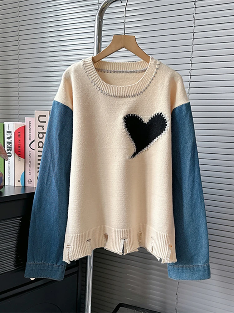 DEAT Women\'s Sweater Knitted Spliced Heart Loose Patchwork Fake 2 Pcs Burrs Edge Pullover Autumn 2024 New Fashion 29L8327