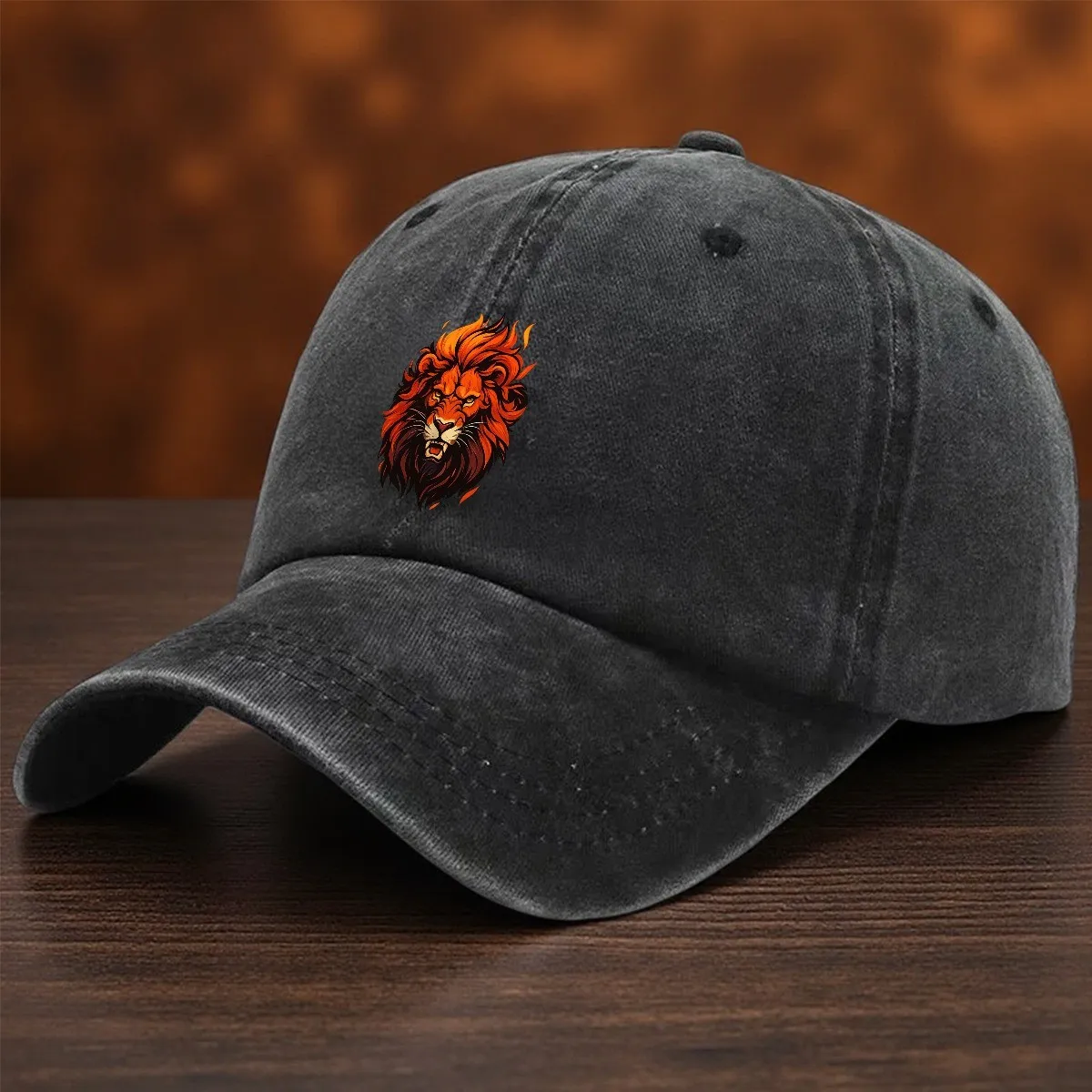 Fierce Lion Head Baseball Cap Washed Denim Outdoor Sports Casual Adjustable Hat