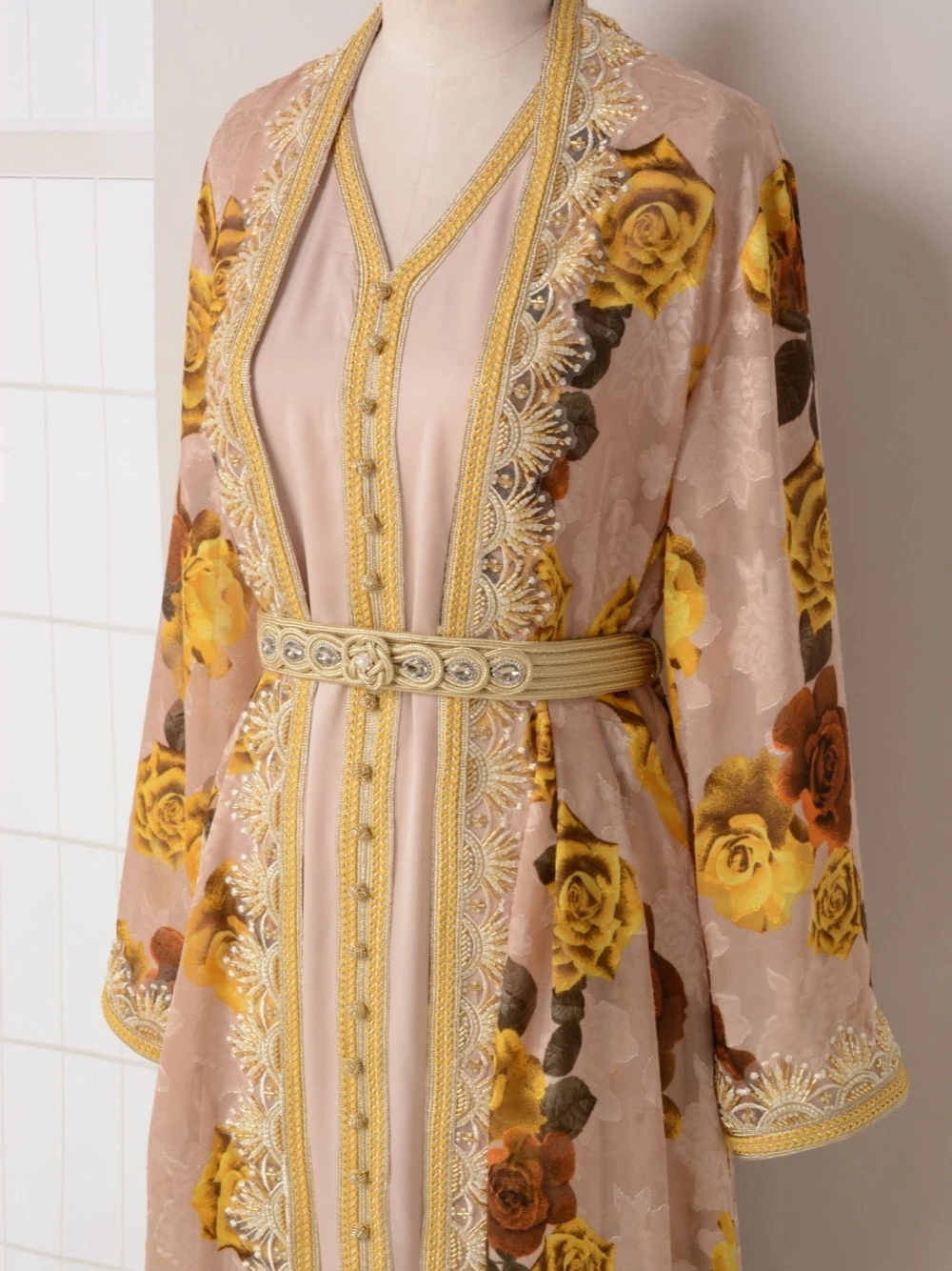 Robe de soirée brodée à la mode de Dubaï, cardigan imprimé, caftan de Rh, col en V, ligne A, grande taille, robe de soirée personnalisée, ensemble 2 pièces