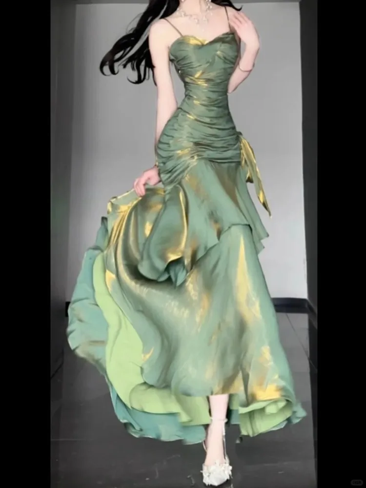 Sukienka damska oversize, zielona, na ramiączkach, seksowna, podkreślająca talię, obcisła, typu rybka, nowa kolekcja lato 2025, sukienki midi, Vestidos De Mujer