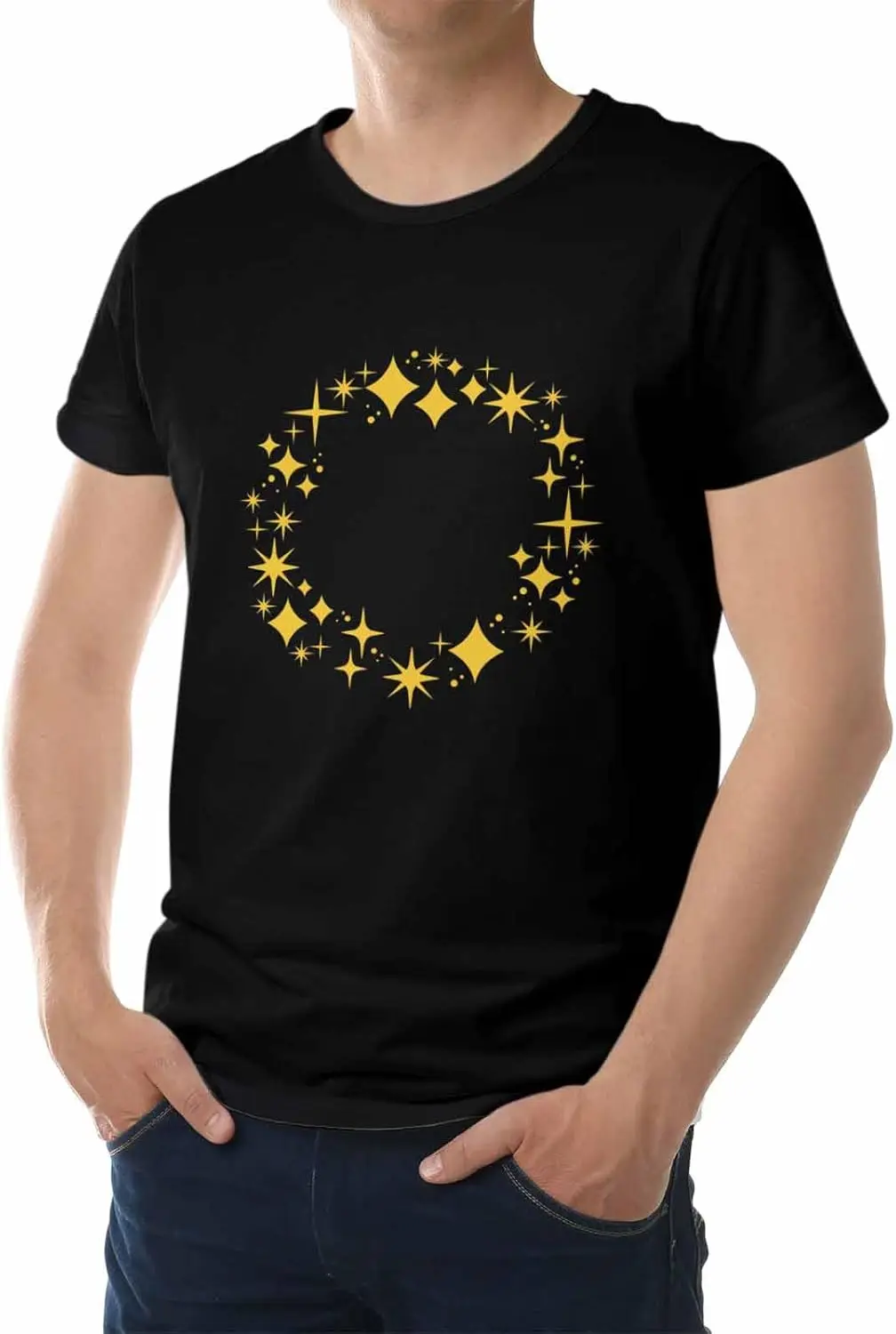 Men's T-Shirt, Novelty Graphic T-Shirt Yellow Stars Circle Cotton Crew Neck Men's Short Sleeve Basic Tshirts Black-L