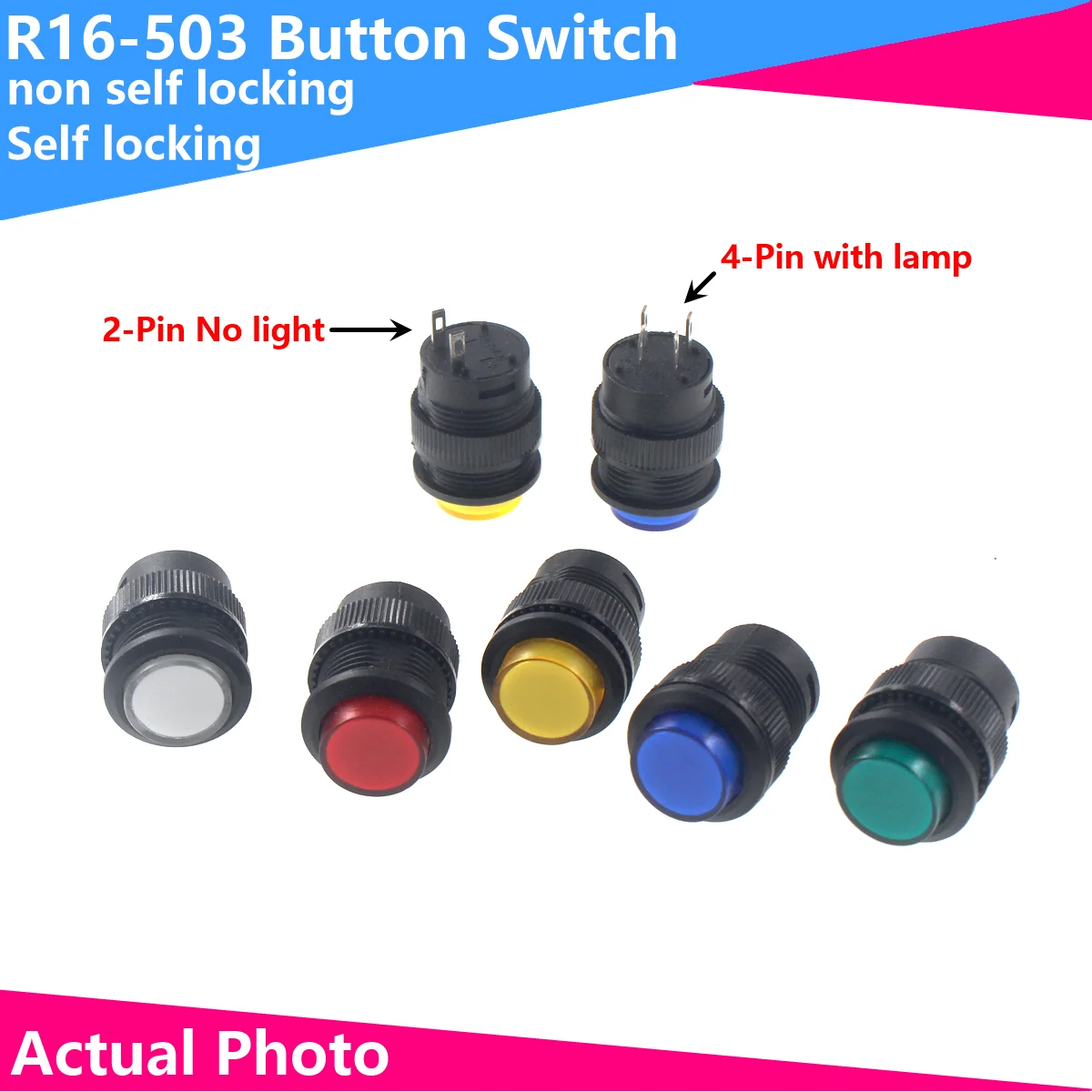 2PCS Power supply Push Button Switch R16-503A/AD/B/BD without/with light self-locking/selt-resetting 3A 250V AC 2/4PIN 5Colors