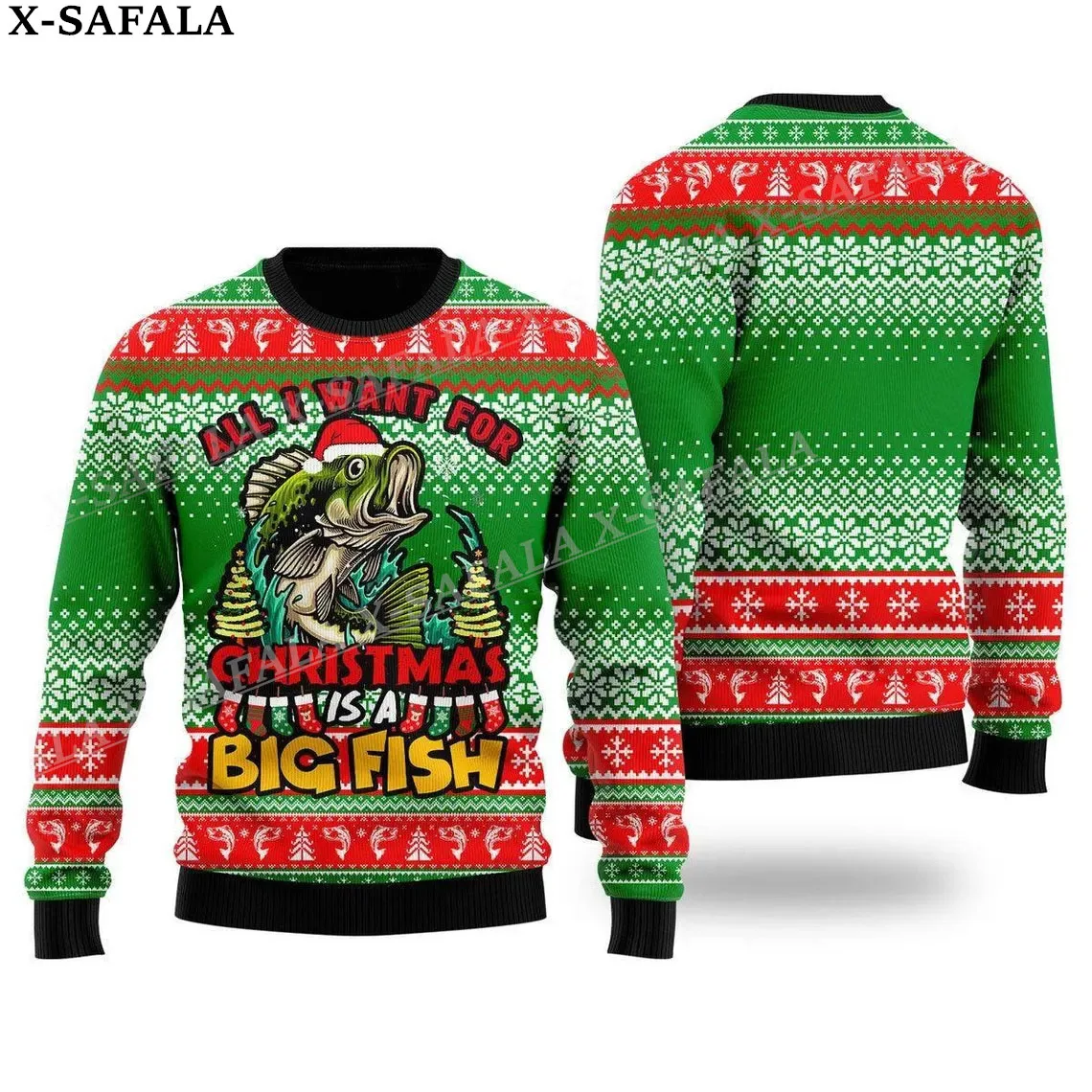 Funny Fishing Guys Merry Fishmas Ugly Christmas Knit Sweaters Christmas Gift Jumpers Tops Couple Party Unisex Casual-2