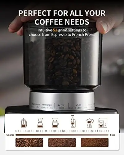 Touchscreen Electric Espresso Coffee Grinder Precision Timer 51 Precise Settings Stainless Steel Burr