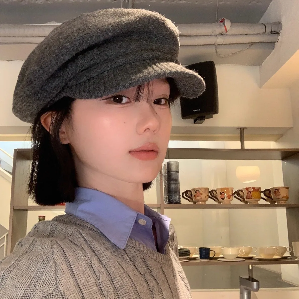 Boina de anís y estrella tejida de lana Retro japonesa para mujer, gorro de pintor de nube pequeño literario y versátil de talla grande que muestra la cara