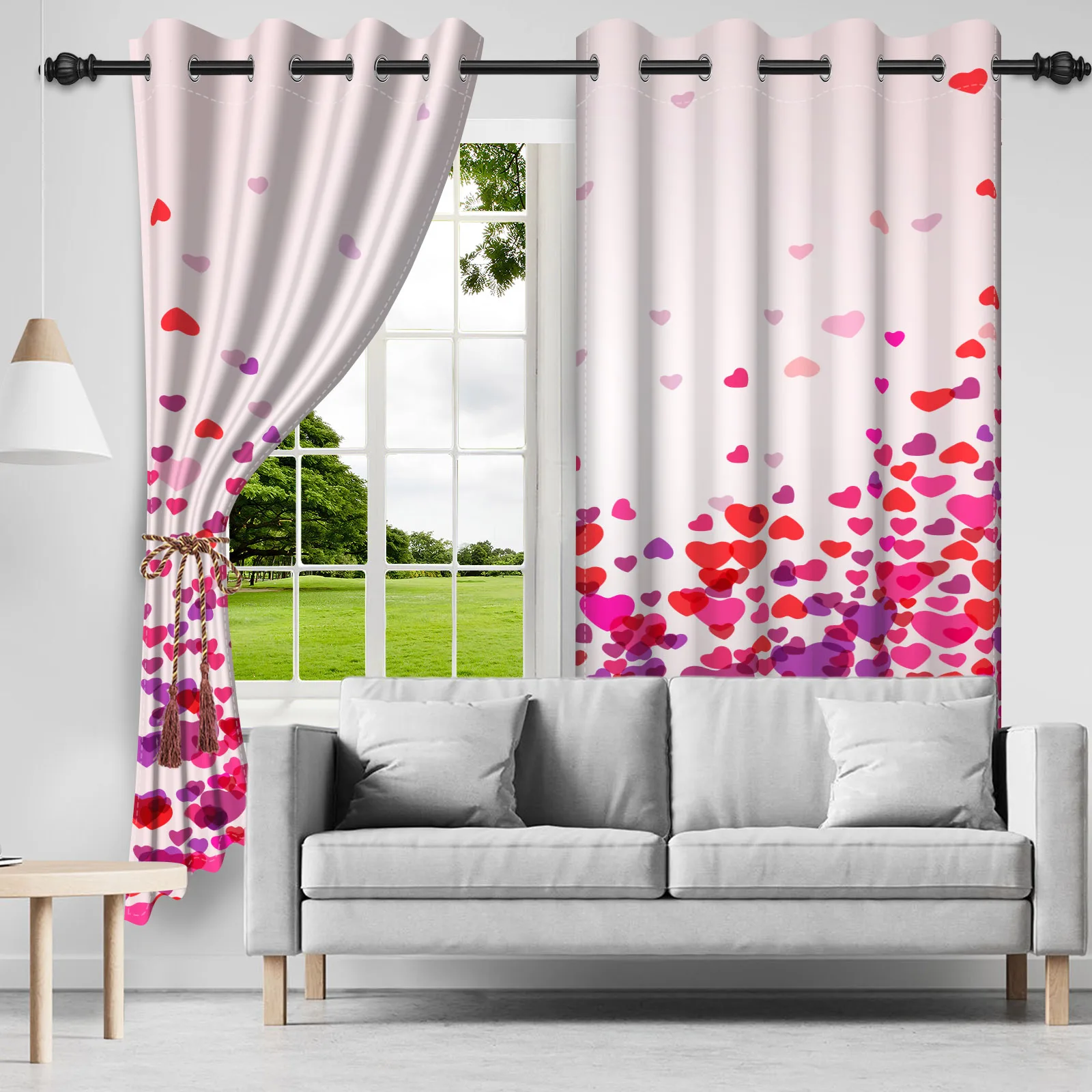 2pcs/set Valentine's Day Heart-shaped Window Curtain Falling Love Bedroom Living Room Decor Blackout Polyester Fabric Curtains