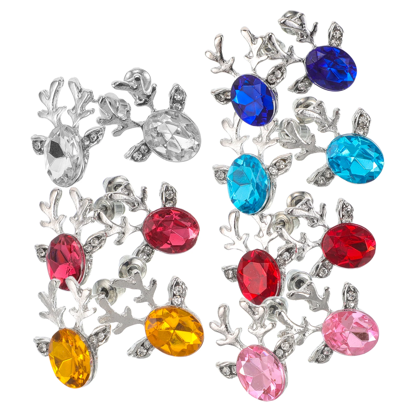 

14Pcs Christmas Reindeer Earrings Crystal Gemstone Antler Vintage Studs Lightweight Nickel-Free Silver Plated for Gift Party