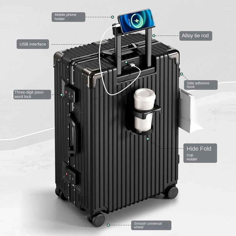 Valise à fermeture éclair support de téléphone multifonctionnel et Port de chargement cadre en aluminium boîtier de chariot grande capacité 29 pouces bagages durables
