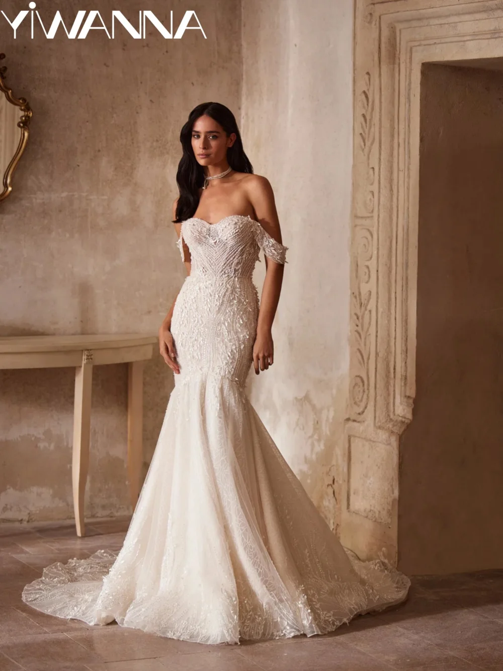 Abito da sposa con applicazioni di perline abbaglianti Abito da sposa con scollo a cuore da sogno Abiti da sirena con spalle scoperte personalizzati per la sposa