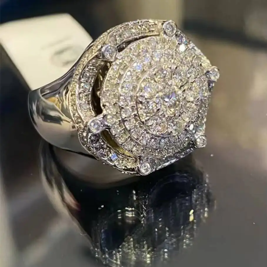 Custom Fashion Moissanite Ring Jewelry Luxury Style Big Size Round Moissanite Men Ring 925 Sterling Silver Cuban Ring