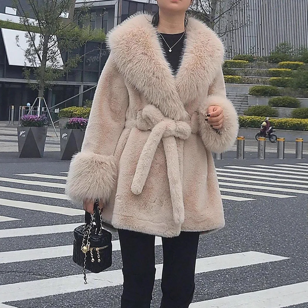 Lace Up Winter Women Eco Fur Jacket Coat Lapel Collar Bow-Knot Fur Coat For Female Elegant Mid Length Lady Aitificial Fur Coat