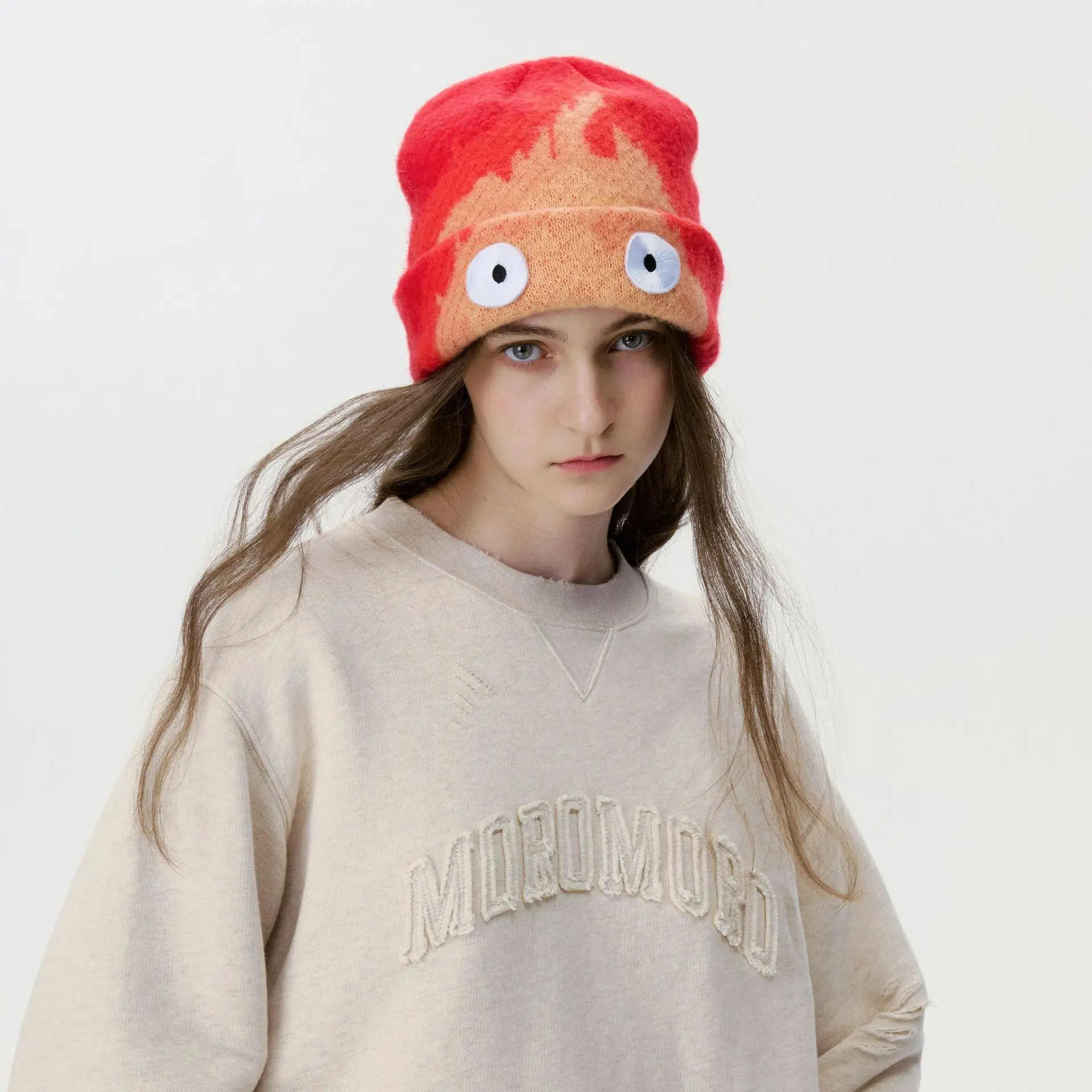 Gradient Flame Knitted hip hop Beanie Hat Big Eye Embroidery for Men Women Unisex Couple, Winter Warm Stretchy Knit Skull Cap