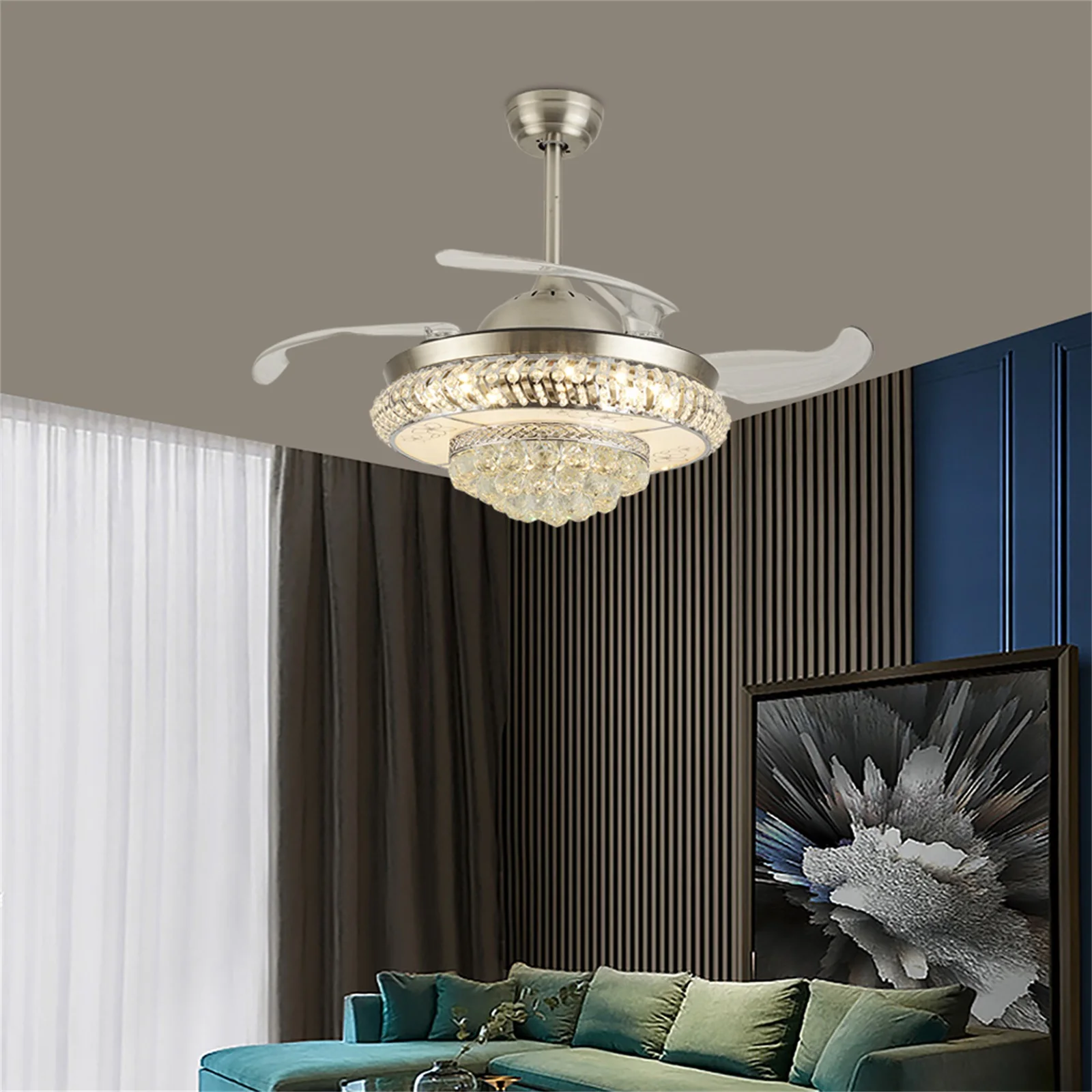 OUKANING Modern Retractable Crystal Ceiling Fan with Light and Remote Control LED Ceiling Light Chandelier Ceiling Fan