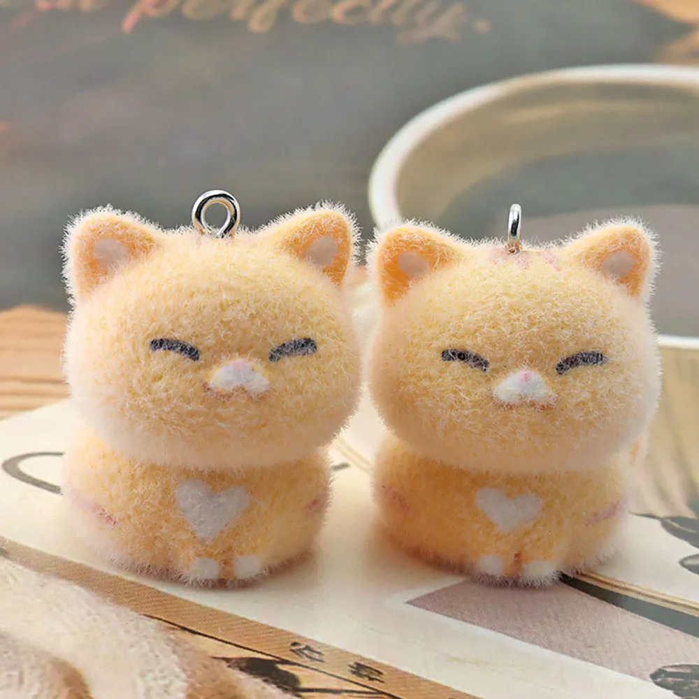 Diy 20Pcs 3D Flocked Orange Cat Resin Charms Cartoon Kitty Pendant for Keychain Necklace Crafts Accessories Making Materia
