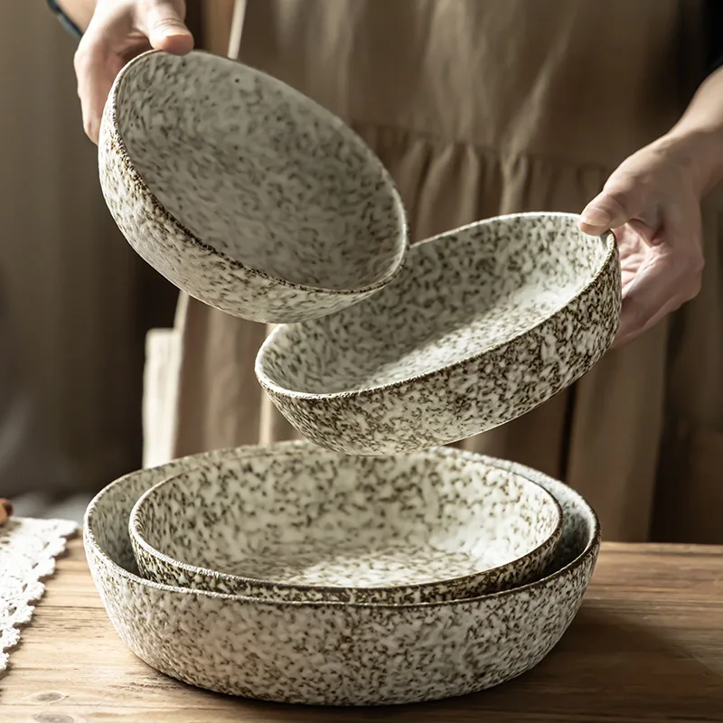 

Керамическая чаша с каменным узором, большая круглая тарелка в японском стиле, креативная салатница, посуда