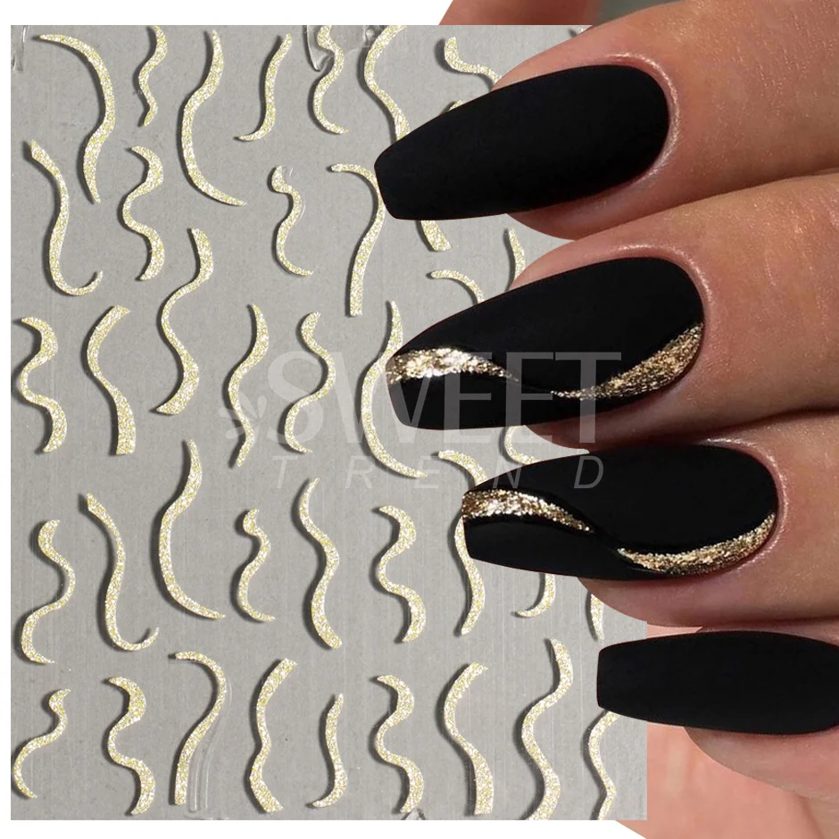 French Tips Gold Powder Sticker for Nails Manicure Stripe Line Reflective Glitter Fire Autumn Winter Decor Accessory SAH-244