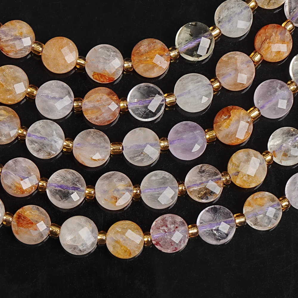 NATURAL PURPLE RUTILATED QUARTZ PHANTOM INCLUSIONS 6MM FACETED FLAT ROUND LOOSE BEADS FOR DIY BRACELET NECKLACE MAKING GIFTS