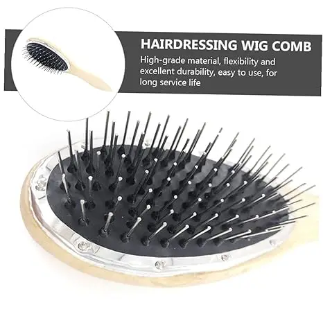 Upgraded Wig Brush Steel Pin Anti Static Anti Frizz Detangling Wooden Handle Salon Comb for Synthetic Human Hair Wigs Extensions