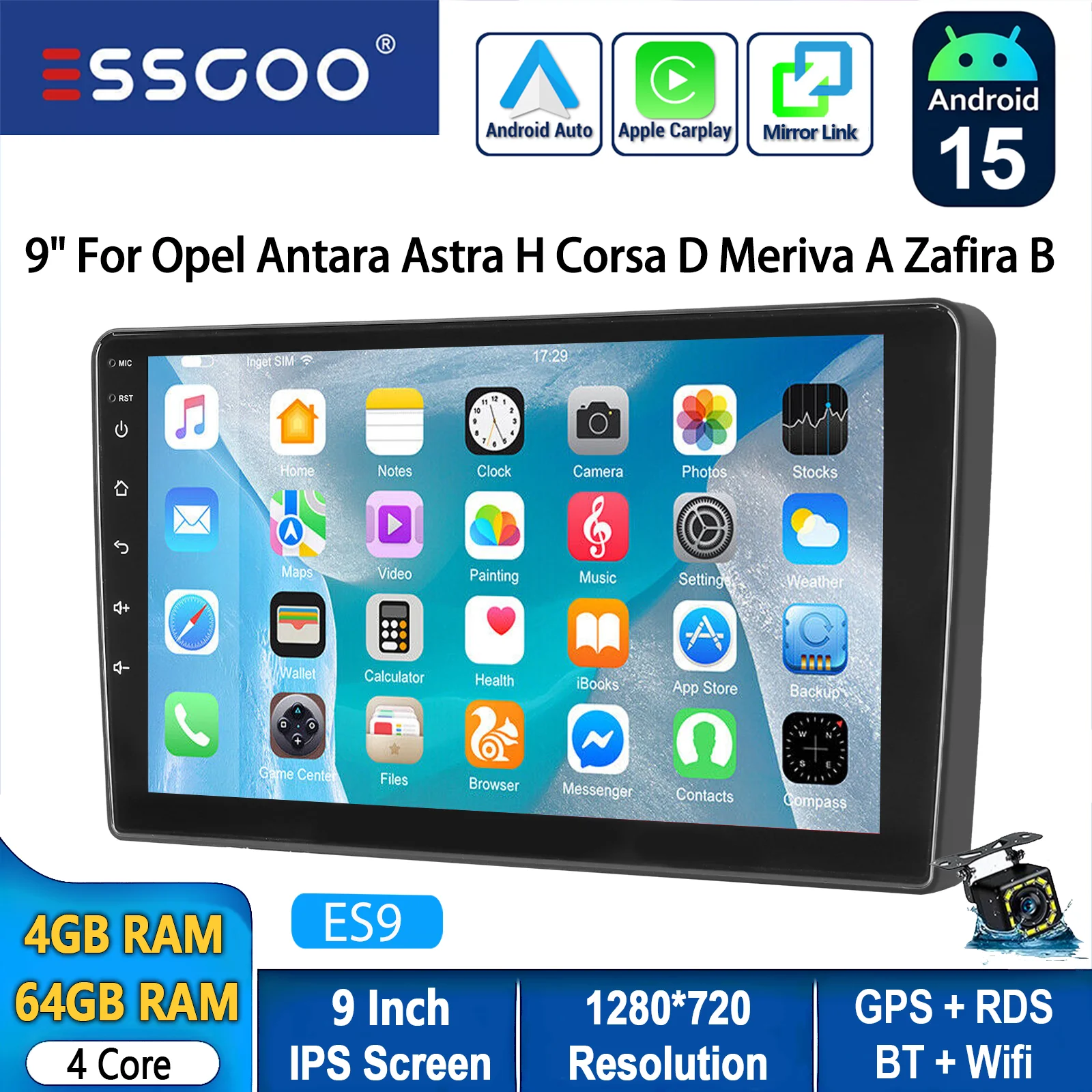 ESSGOO 9 inch Android 15 draadloze CarPlay autoradio voor Opel Antara Astra H Meriva A Zafira B Corsa D GPS navigatie FM BT RDS SWC