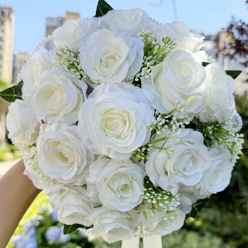 1PC White Rose Bouquets for Bride Bridesmaid Bouquets Wedding Tossing Bouquet photography props Ball Party Valentine's Day Gift