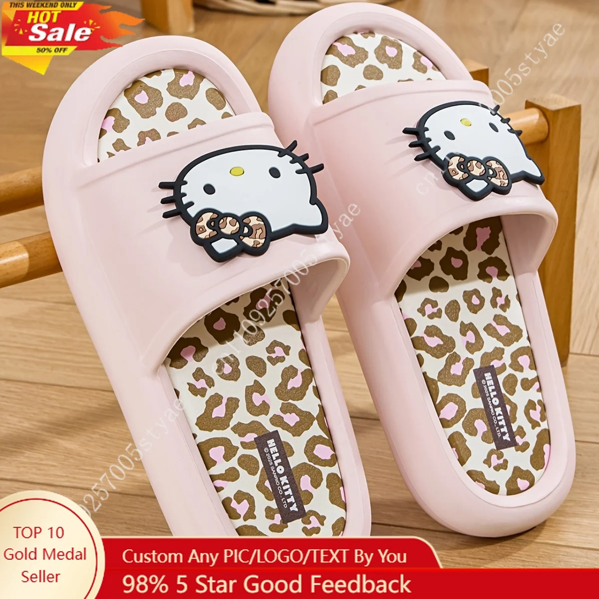 

Sanrio Hello Kitty Cute Leopard Print Textured Slippers Trendy and Minimalist in Solid Colors Fashionable Open Toe Style