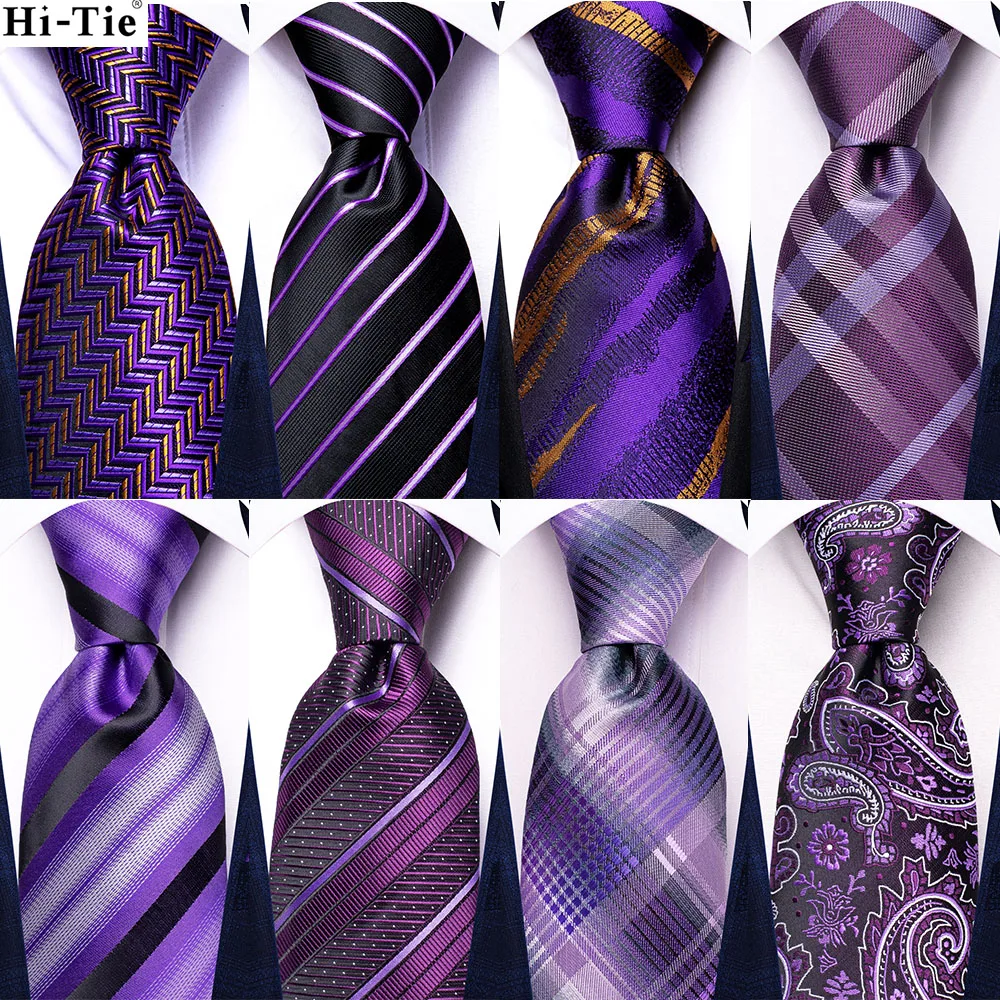 2023 New Plaid Purple Fashion Brand Silk Elegent Ties for Men Party Necktie Handky Cufflinks Wholesale Wedding Hi-Tie Designer