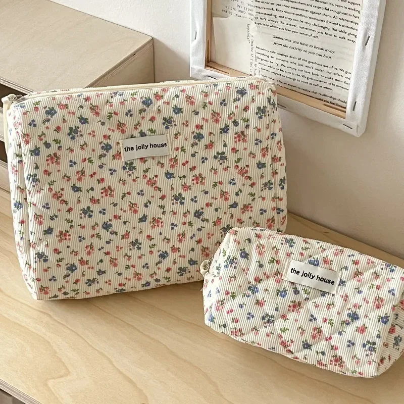 Mode Vintage Bloem Vrouwen Make-Up Tas Katoen Tote Draagbare Vrouwelijke Cosmetische Opslag Handtas Reizen Organizer Rits Gewatteerde Tas