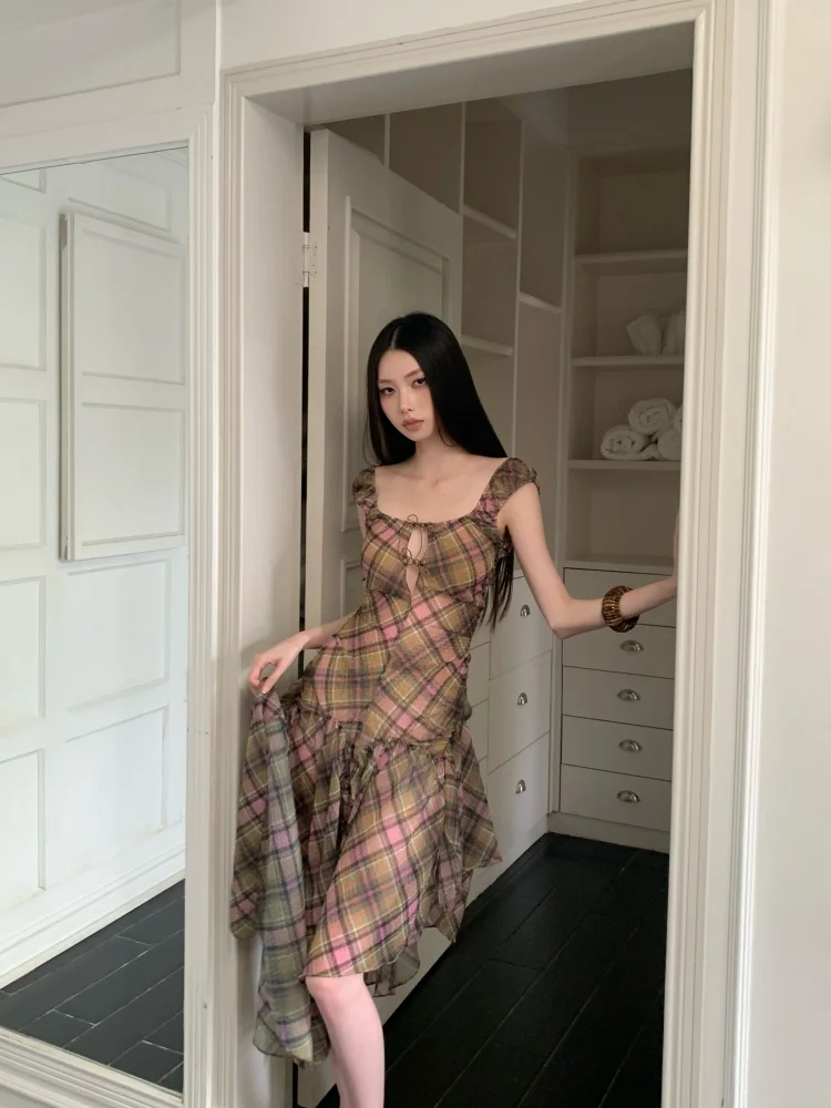 Summer Plaid Chiffon Chic Backless Sexy Sling Dress Women Elegant Bandage Casual Dress 2026 Korean Bodycon Luxury Evening Dress