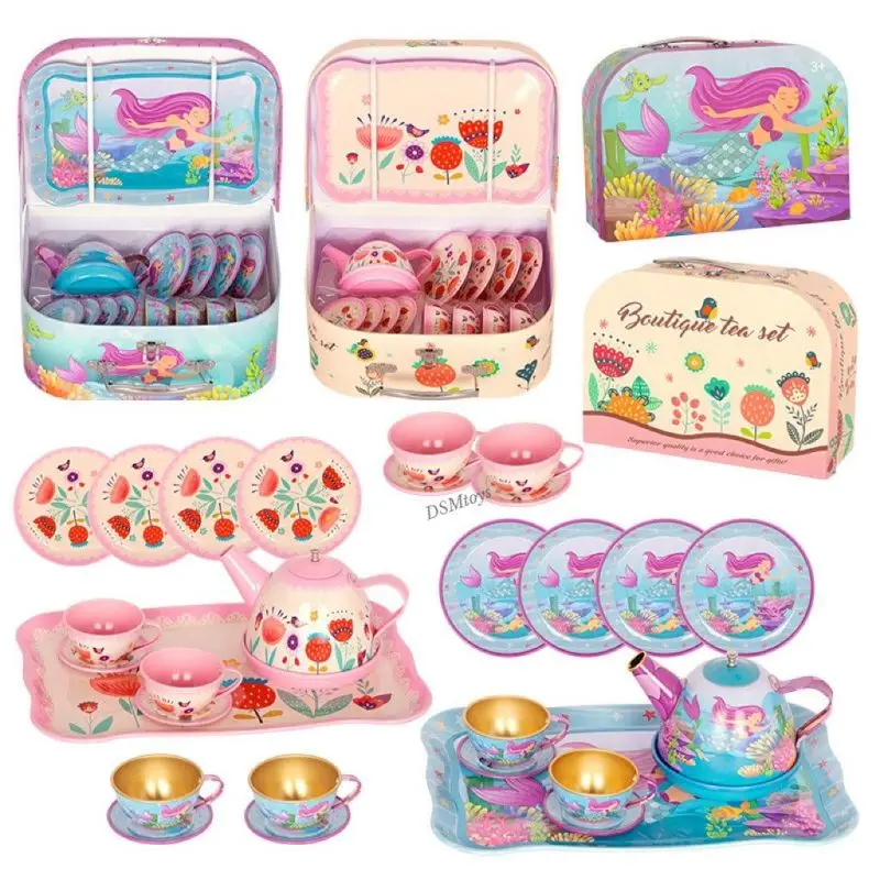 시뮬레이션 차 세트 주석 소재 티 파티 세트 장난감 식기 놀이 집 주방 오후 차 게임 장난감 어린이를위한 선물 소녀