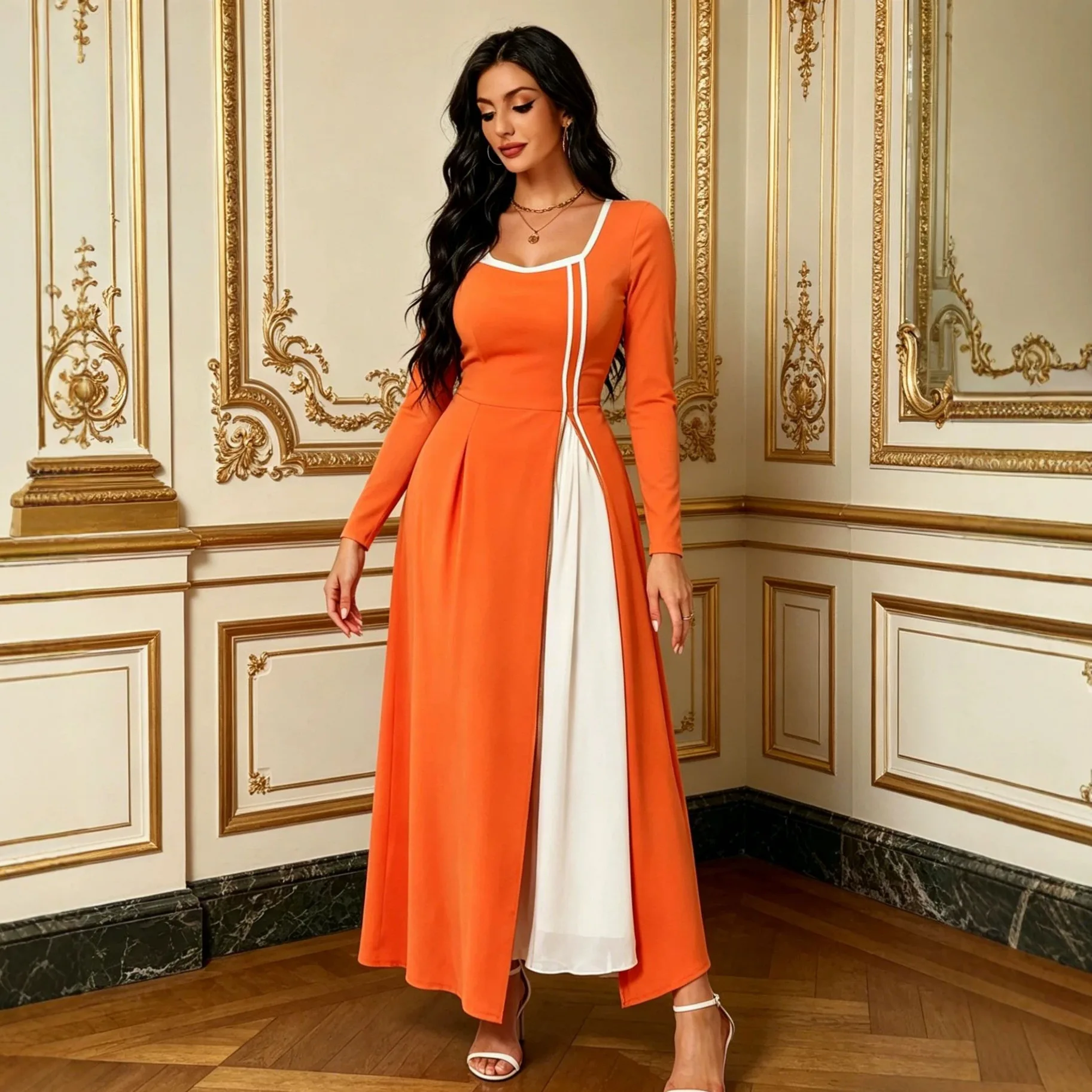 

Tight-fitting Color-blocked Dress With A Large Hem, Elegant And Fashionable Long Dress, Women's Clothing Islam Elegant