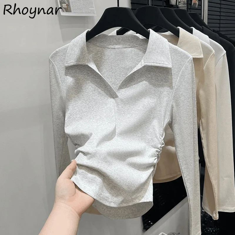 

V-neck Long Sleeve T-shirts Women Autumn Students Casual Simple All-match Solid Pleated Slim Basic Korean Fashion Streetwear Ins