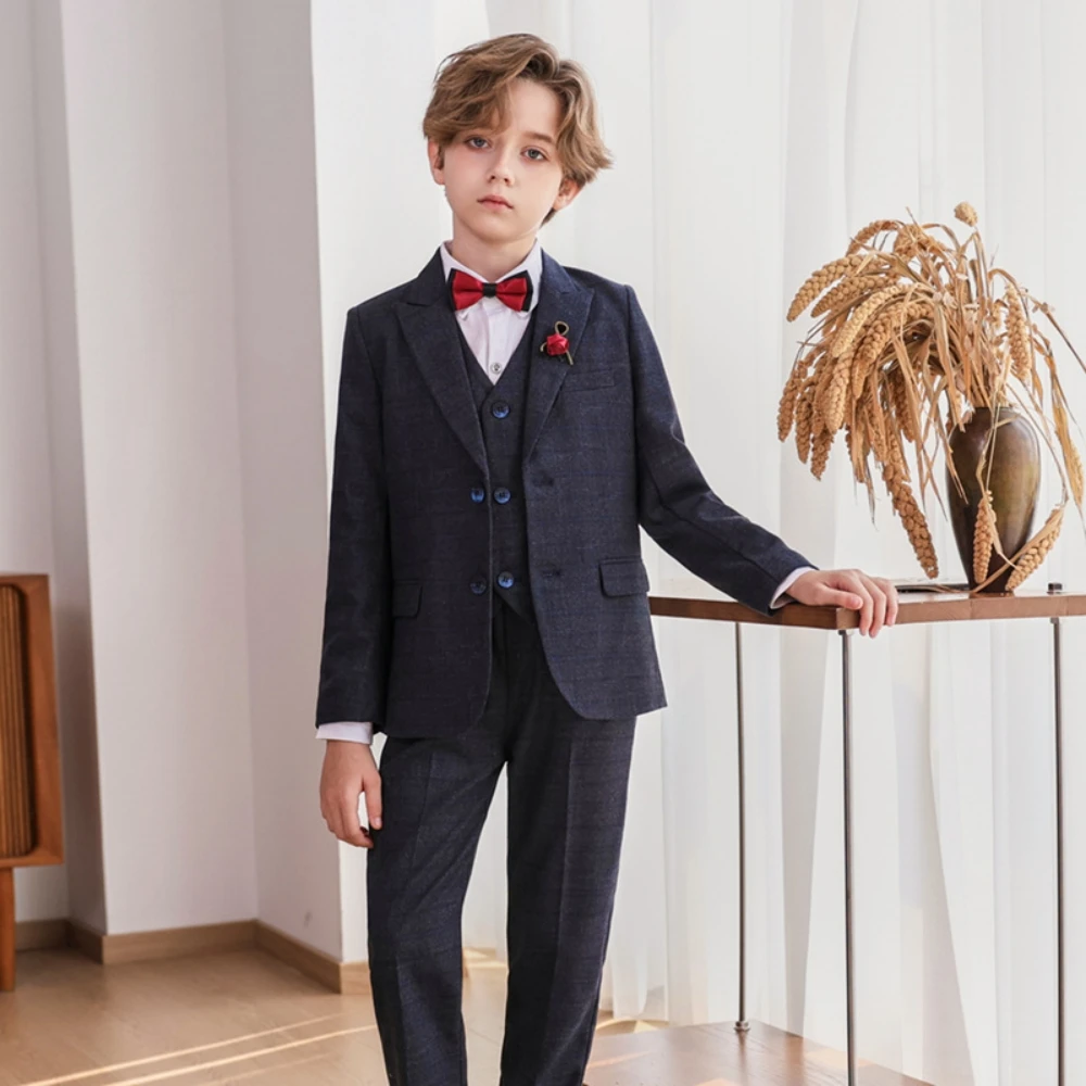 2026 New Fast Delivery Children's Formal Suit Set 5 Pieces For Catwalk Show,Classic Plaid Boys Suits Piano Peformance Outfit