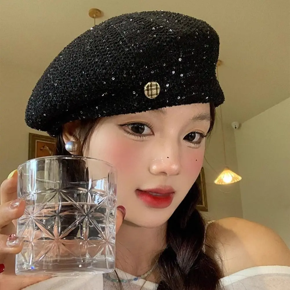 

Cute Breathable Sequin Beret Hat Paillette Japanese Style Weave Hat Painter Hat Thin Crochet Knitted Cap Spring