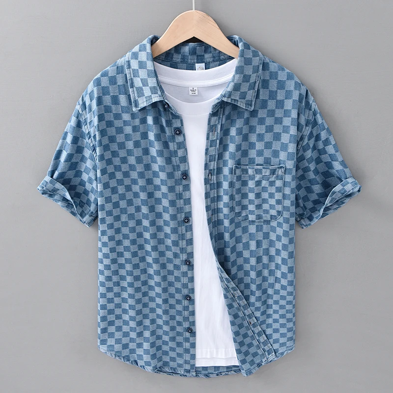 

2026 Spring Summer New Denim Pure Cotton Short Sleeve Shirts for Men Clothing Plaid Soft Shirts