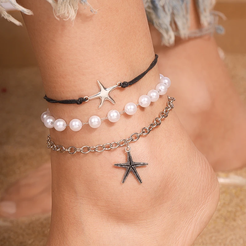 

Fashion Imitation Pearl Starfish Anklet for Women Summer Beach On Leg Foot Chain Bracelet Anklet Girls Holiday Jewelry Gifts