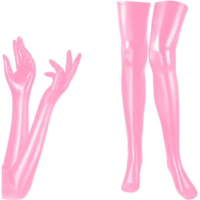 Conjunto de luvas e meias longas sexy para mulheres, cosplay exótico, acessórios de festa, luvas metálicas, meias, couro sintético, roupa de balada