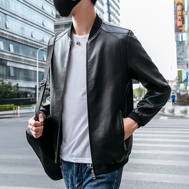 

Men’s Slim PU Leather Jacket Casual Lightweight Streetwear Coat Zipper Pockets Stand Collar Designs Men Coats Winter Warm Jacket