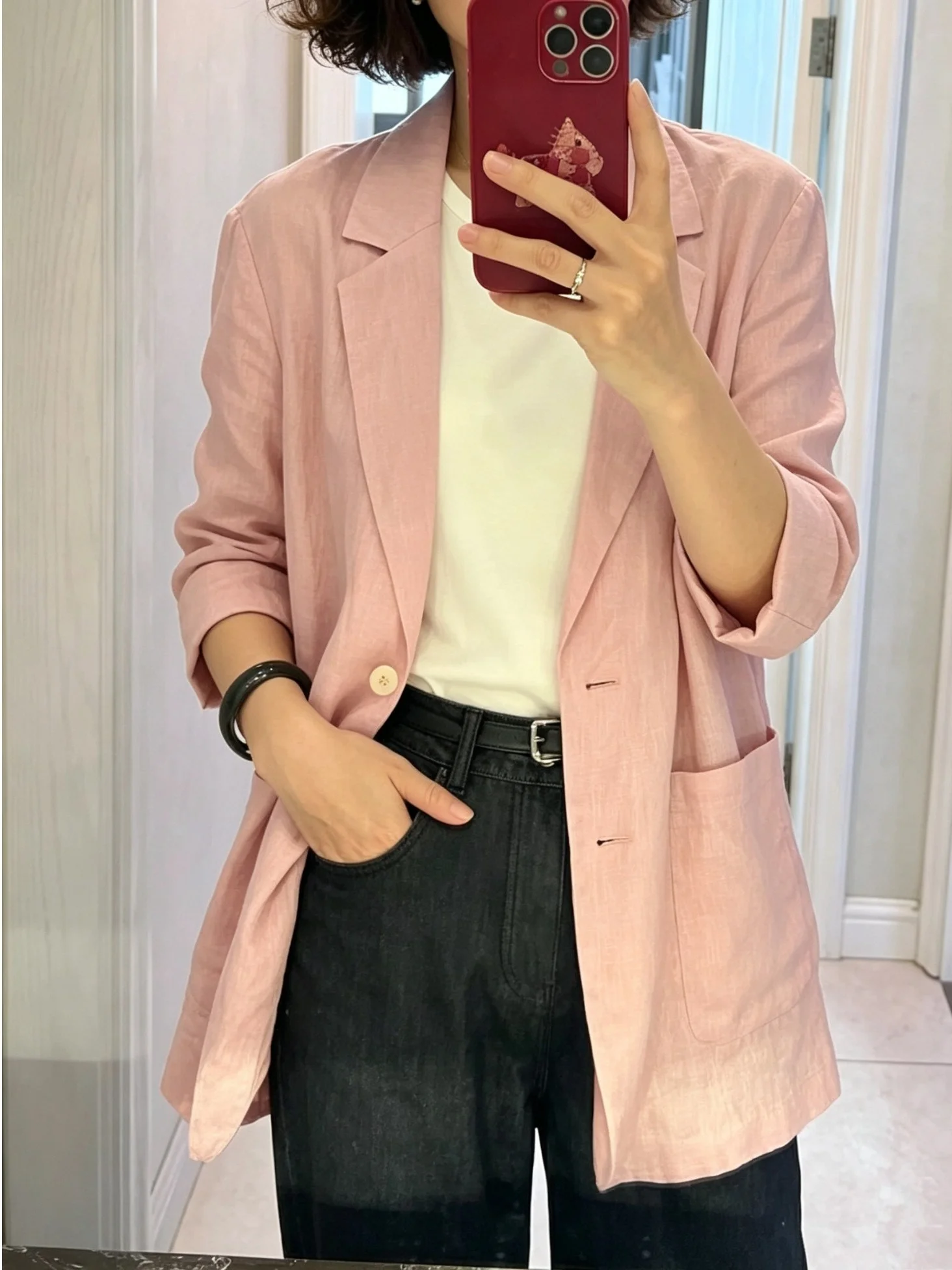 Pink Gentle Collar Casual Cotton Linen Jacket Women's plus Size Suit Outerwear Versatile Comfortable Autumn Fashion Ladies'