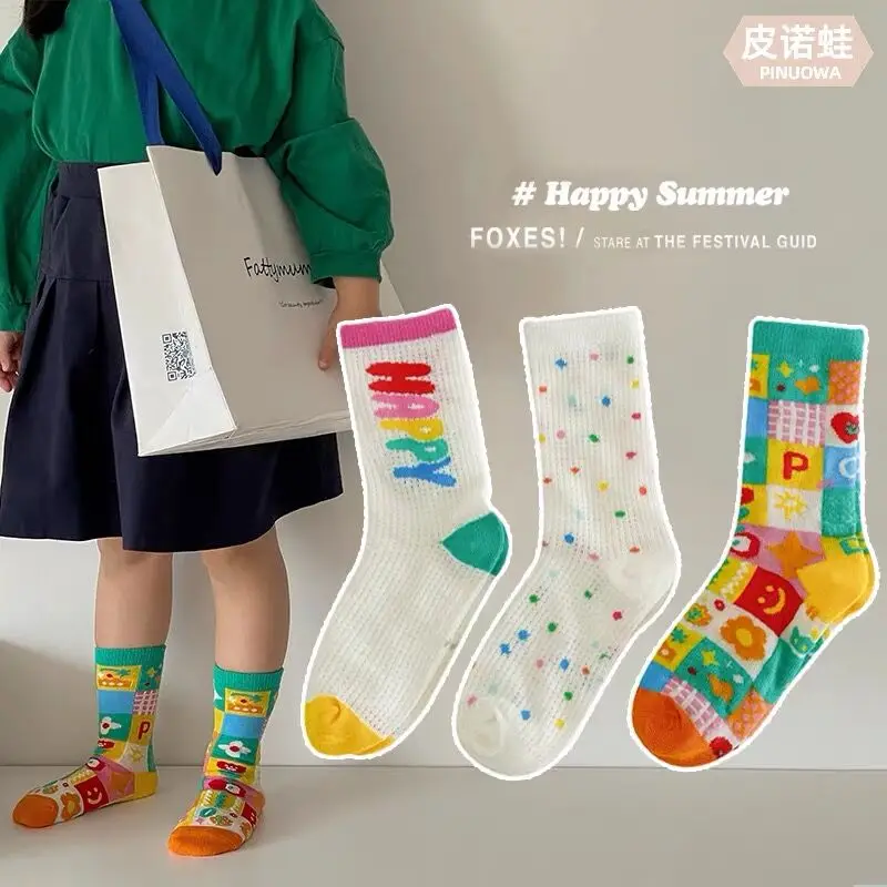 

Baby Socks Summer Thin Mesh Cotton Socks Girls Boys Rainbow Pattern Kids Mid Calf Hollow Socks 3pairs/bag