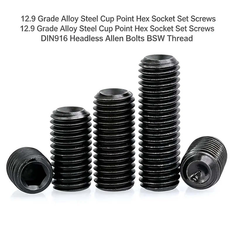 12.9 Grade Alloy Steel Cup Point Hex Socket Set Screws DIN916 Headless Allen Bolts BSW Thread