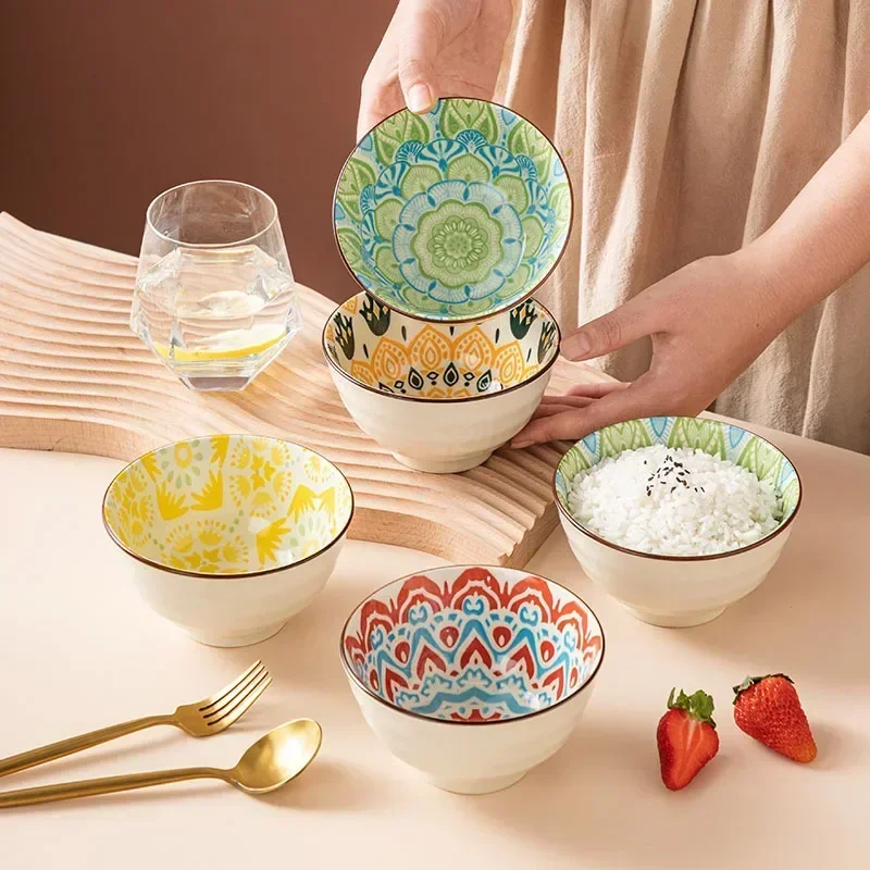 4.5 Inch Tall Bowl Anti-Scalding Rice Bowl Porridge Soup Bowl Bohemian Underglaze Restaurant Household Kitchen Ceramic Tableware